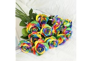 Laelfe 12 Pcs Artificial Rainbow Roses, Long Stem Faux Silk Rainbow Flowers Fake Colorful Roses for Home Wedding Bathroom Kitchen Decorations (Colorful)
