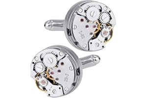 DECARETA 2 Pezzi Gemelli Movimento Dell'orologio Gemelli di lusso a Forma di Ingranaggio di Orologio Meccanico Stile Steampunk Vintage per Uomo Camicia, con Bella Scatola, Movimento 17 mm (Argento)