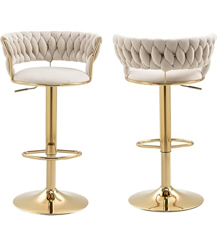 Set 2 Sgabelli Da Bar Regolabili - Rivestimento In Velluto Beige, Schienale Intrecciato, Base Oro, Girevoli - Foto 11
