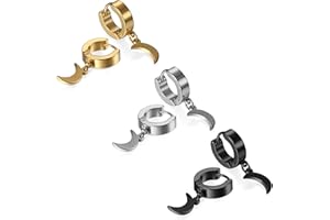 JewelryWe Pair of Mens Womens Stainless Steel Stud Hoop Huggie Star Moon Dangle Charms Earrings Hinged Earring Set