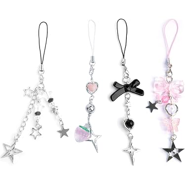Lot De 4 Pendentifs Mignons Pour Téléphone - Papillon, Fraise, Étoile - Accessoires Y2K - Pour Sac, Appareil Photo