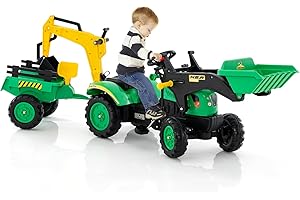 COSTWAY 3 en 1 Tractopelle Enfant avec Pelle & Remorque Amovible, Tracteur à Pédales Enfants avec Volant & 6 Pneus Durables, Charge 35kg, Pelleteuse pour Enfant de 3-6 Ans (Vert)
