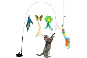 Rynvarl - Caña de pescar flexible con ventosa + 5 accesorios para plumas, cascabellos, estimulación gatito y gato adulto, duradero, no tóxico