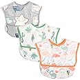 JYB 3 Packs Baby Waterproof Bib with Crumb Catcher Pocket Wipeable Stain Soft Adjustable Snaps Feeding Bibs For Infants and Toddlers