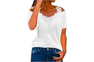 Susenstone Chemise Femme D'Été Élégant Chemisiers Dentelle Découpes Col en V Manches Courtes Casual T-Shirt Mode Épaules Dénudées Shirt Blouse Couleur Unie/Impression Ample Casual Hauts Tops Tunique