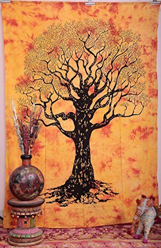 tree-of-life-orange-yellow-colour throw-bedspread twin-wall-hanging-tapestry