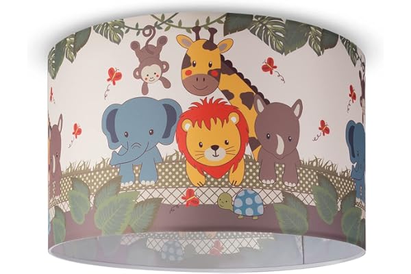 Paco Home Chambre Enfant Plafonnier Abat-Jour Tissu Rond Jungle Animaux Garçon Fille E27 Coloré