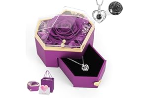 Emibele Preserved Real Rose with Heart Necklace, Eternal Flowers Rose Box with I Love You Necklace 100 Languages, Rose Jewelry Gift for Mom Women Wife Mother Valentine Day Grandma, Purple
