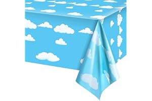 DERATTA Tovaglia Compleanno Blu 274x137 CM Tovaglia Plastificata Rettangolare Decorazioni Nuvole Bianche Cielo Blu Tovaglia Festa Compleanno Bambini
