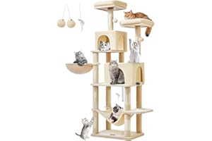 Taoqimiao Alberi Tiragraffi, 170cm Stabile Multilivello Albero per Gatti con 2 Grotte, 1 Cestini, 7 Pali Graffiatoi, 2 piattaforme, Amaca, Materiale di Flanella Morbida, Beige