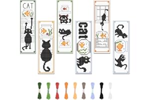 FREEBLOSS 6 Set Bookmark Cross Stitch Kits Cartoon Cat Bookmark Cross Stitch Kit with Instructions Embroidery Bookmark Kit for Adults Beginners, Handmade Bookmarks for Book Lover Gift