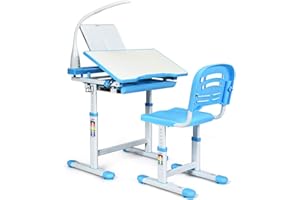 ‎DREAMADE DREAMADE höhenverstellbarer Kinderschreibtisch mit Lampe & Bücherständer, Schülerschreibtisch Jugendschreibtisch neigungsverstellbar, Schreibtisch Set für Kinder mit Stuhl und Schublade (Blau)