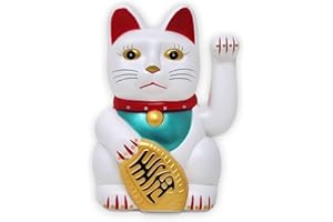 Starlet24® Machający kot, macha szczęście, Lucky Cat Maneki-Neko, machający, japoński Maneki-Neko, zasilany bateriami (biały, 15 cm)