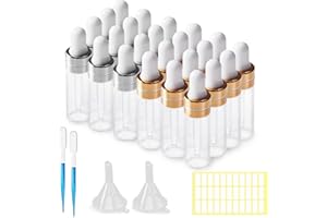 SuQurtom 24Pcs Glass Dropper Bottles, 5ml Glass Bottles with Golden Silver Aluminum Alloy Cap, Empty Glass Bottles Refillable Sample Container for Essential Oil, Perfumes, Chemical Liquid