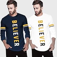 BLIVE Printed Men's Round Neck Full Sleeves White Navy Blue T Shirt (Pack of 2)