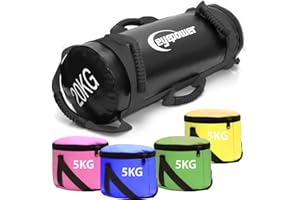 ‎EYEPOWER EYEPOWER 20kg Power Bag + 4 Kettlebell Gewichte - Befüllt mit Eisensand - Besser als Geräte: 6 Griffe Fitness Sandbag für Zuhause - 20x60cm Gewichtssack für Home Training - Bauch- und Rückentrainer