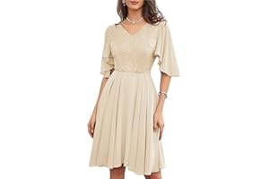 GRACE KARIN Women's Chiffon Pleated Dress Short Cape Sleeve V-Neck Lace Contrast Dress for Cocktail Party