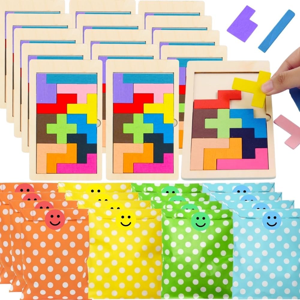 Pack 20 Mini Juegos Bloques Madera, Puzzle Rompecabezas Niños, Regalos cumpleaños niños Colegio, Detalles comunión para Invitados, Detalles cumpleaños niños, 20 Juegos Rompecabezas + Bolsas de Regalo