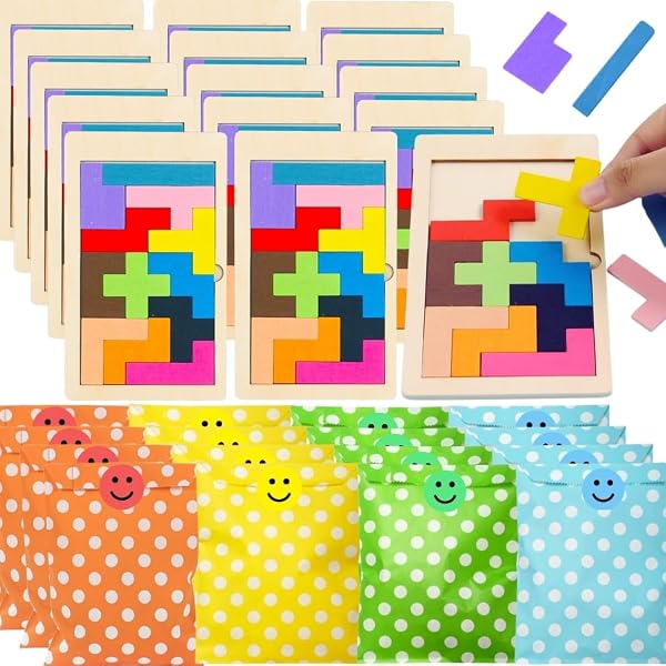 Pack 20 Mini Juegos Bloques Madera, Puzzle Rompecabezas Niños, Regalos cumpleaños niños Colegio, Detalles comunión para Invitados, Detalles cumpleaños niños, 20 Juegos Rompecabezas + Bolsas de Regalo - 1