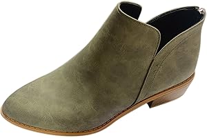 BKEBGE Cowboy Western Ankle Boots Women Wide Fit V Cut Comfort Ladies Walking Hiking Short Booties Slip On Round Toe Back Zipper Square Heel Nude Boot UK Size