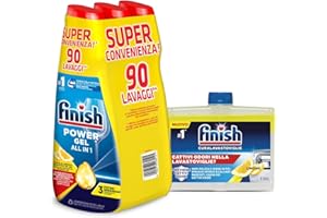 Finish Kit Lavastoviglie; Finish Powergel Detersivo Lavastoviglie Lemon 90 Lavaggi, Curalavastoviglie Limone 250ml