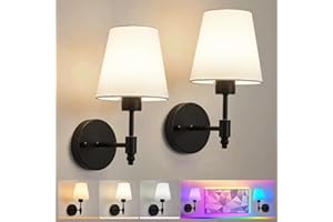 HARPER LIVING Battery Operated Wall Lights Set of 2, Fabric Wall Lamps with Rechargeable Bulbs & Remote, 3 CCT & 9 RGB Dimmable Wireless Wall Sconce Light for Bedroom Living Room Hallway (Black)