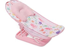LADIDA Babybadewanne Baby Faltbares verstellbares Reise-Badewannensitz-Stütznetz Badenetz Anti-Rutsch-Badenetz-Regalsitz Sicherheits-Badesitzstütze mit Kopfstützenkissen (Rosa Babybadewanne 284)