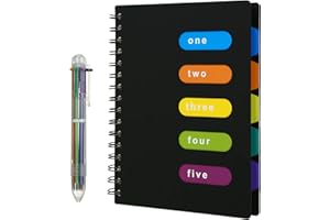 Kesote Carnet ligné avec stylo multicolore, 240 pages A5 Journal avec 5 onglets de couleur et 6-en-1 stylo à bille rétractable (Noir)