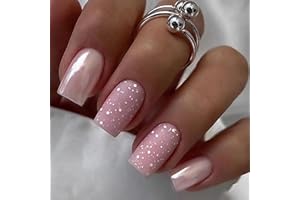 AGASAR 24pcs Medium Square False Nails Glitter Pink Stick on Nails Silver Press on Nails Removable Glue-on Nails Fake Nails Acrylic Full Cover Nails Women Girls Nail Art Accessories