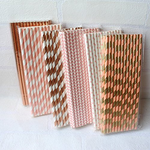 Ipalmay Trinkhalme, biologisch abbaubar, aus Papier, verschiedene Muster (gestreift und gepunktet), Länge: je 19,7 cm, Violett / goldfarben, 150 Stück Rose Gold & Pink - 4