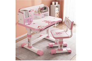 SINBINTA Kinder-Schreibtisch- und Stuhl-Set, höhenverstellbar, Cartoon-Muster, Lerntisch mit Schublade und Buchständer, ergonomischer Schüler-Schreibtisch