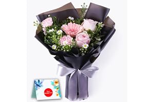 EG2i One-Side Bunch of 4 Roses, 4 Carnations, 1 Gerbera with Gypsy Fillers – Gift for Birthday, Anniversary, Love, Valentine's Day, Girlfriend, Boyfriend, christmass, new year – Same-Day Delivery
