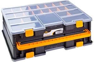 DEMA Art Plast ZA1601 Organizador de plástico doble L 443 x P 317 x H 160 mm con separadores extraíbles, tapa transparente, Negro/Amarillo, 44,3x31,7x16