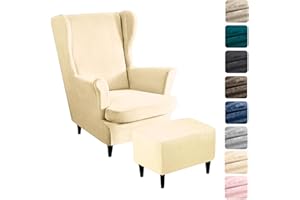 ‎ALISHOMTLL Alishomtll 3 Teilig Ohrensessel Überzug Mit Ottomane Schonbezug Stretch Samt Sessel-Überwürfe Elastisch Einfarbig Sesselhusse Strandmon Tiger Stuhlbezug mit Armlehne Hohe Rückenlehne (Beige)