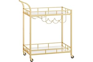 ‎VASAGLE VASAGLE Wózek do serwowania, wózek na kółkach, uchwyt na szklanki, 2 lustrzane półki szklane, wózek barowy, wózek na wino, do kuchni, jadalni, baru, kolor złoty LRC092A62