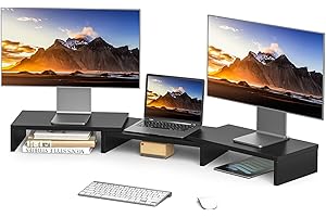 RFIVER Podstawa na dwa monitory z czarnego drewna, regulowana pod kątem długość ekranu dla 2 monitorów maks. 123,2 x 23,5 x 9,5 cm