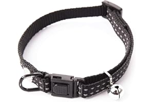 Martin Sellier Collier Chat ou Petit Chien Nylon Haute qualité Coutures réflechissantes Boucle Anti-étranglement réglable 20 à 30cm et grelot (Noir)