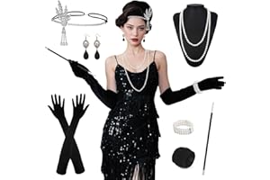 TOSZOLY Costume Donna Anni '20, Vestito Charleston con Frange e Paillettes, Abito Stile Flapper Vintage con Accessori per Festa a Tema, Carnevale, Halloween, Ballo, Serata Elegante