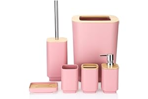 JOTOM Bamboo Bathroom Accessories Set of 6 Modern Design 6 Pieces Bathroom Accessory Set Soap Dispenser Toothbrush Holder Tooth Mug Soap Dish Toilet Brush Rubbish for Bathroom Home Decor (Pink)