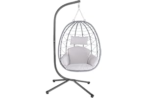 Juskys Fauteuil Suspendu Aria avec Coussin – réglable en Hauteur et Pliable – Balancelle en rotin synthétique pour l'extérieur et l'intérieur – Siège en Osier argenté jusqu'à 130 kg