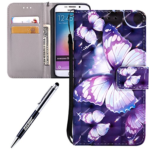 For Samsung Galaxy S6 edge case,Feeltech JAWSEU Samsung Galaxy S6 edge PU leather Wallet Flip Cover Multi Function Card Slots Protective Cases with Cute Animal & Colourful Pattern Design [Stand Function][Magnetic Closure] Flip Folder Card Holders Money Pouch Smart Phone Cover with Hand Strap for Samsung Galaxy S6 edge - Violet butterfly