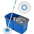 Primeway® Plastic SS Twin Bucket Spin Mop with 2 Microfibre Refills 34cm | Floor Cleaning Mop Stick with Bucket for Home Office | Clean and Dirty Water Separate Buckets | 6 LTR | Blue