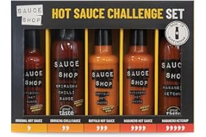 Sauce Shop Hot Sauce Challenge Gift Set - 1x Original Hot Sauce (160ml), 1x Sriracha Chilli Sauce (260g), 1x Buffalo Hot Sauce (160ml), 1x Habanero Hot Sauce (160ml), 1x Habanero Ketchup (255g)