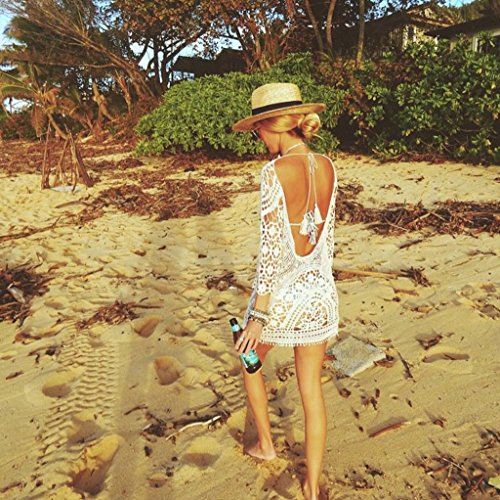ASSKDAN Damen Boho Spitze Nackten Rücken Bikini Cover Up StrandKleid Sommerkleid One Size - 4