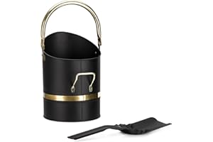 Navaris Kosz na popiół do pieca kominkowego z łopatą – metalowe wiadro do pieca akcesoria – pojemnik na popiół – pojemnik na pellet – odporny na wysokie temperatury – czarno-złoty