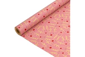 BIULDPY Papel Kraft para Envolver Regalos Navideños: Rollo Reciclable con Cabeza de Reno Rosa para Navidad, Cumpleaños y Acción de Gracias - 43 cm x 15 m
