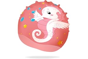 FUNOWN Swim Apex Badekappen für Kinder, Jungen Mädchen Alter 2-8 Jahre, wasserdichte Babyweiche Silikon-Badekappen, für langes und kurzes Haar, Hippocampus-Aufdruck (pink)