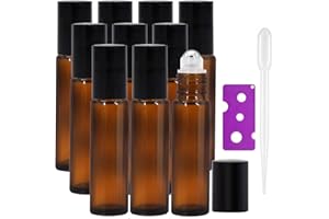 JamHooDirect 10 botellas de 10 ml de aceites esenciales de 10 ml, botellas de vidrio ámbar recargables con bolas de rodillo de acero inoxidable (incluye 1 abridor de botellas y 12 etiquetas)