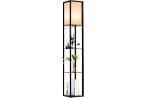 Ledivion Floor Lamp with Shelves, Wooden Standing Shelf Lamp with LED Bulb for Living Room, Bedroom, Office, Black