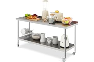 FIDOOVIVIA Stainless Steel Catering Work Table, 180 x 60 x 80cm with 3.5cm Worktop Backsplash, Heavy Duty Kitchen Food Prep Table with 4 Wheels & Bottom Shelf